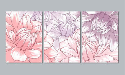 Set of 3 canvases for wall decoration in the living room, office, bedroom, kitchen, office. Home decor of the walls. Floral background with flowers dahlias and lily. Element for design. 