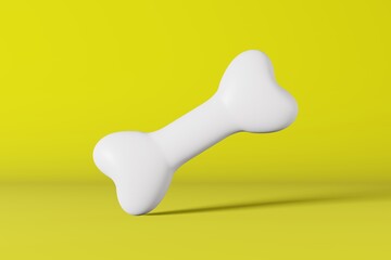 Realistic healthy white dog bone 3d rendering model. Pet shop banner yellow background. Vitamins nutrients calcium supplement food balanced diet.Domestic animals health care Joint arthritis rheumatism