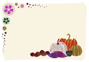 かぼちゃ、栗、さつま芋など秋の野菜と和風幾何学模様のフレームイラスト