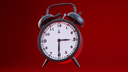 3D render of black vintage alarm clock falling on the floor on red background