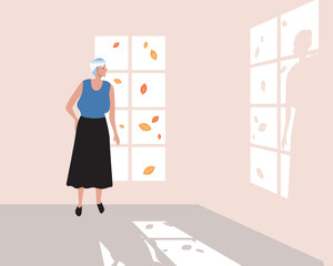 Elderly woman at home and yellow leaves outside window, flat vector stock illustration with room with shade in autumn, concept of change of seasons