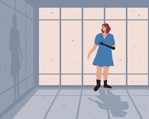 Fototapeta premium Inclusive woman with prosthetic arm watches at snowfall, flat vector stock illustration with room with window and shadow