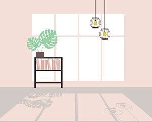 Interior of room with bookcase and plants for overlapping, flat vector illustration with window and shadow, no people
