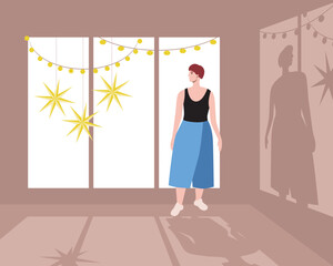 Young woman with Christmas by window with Christmas decor and garland in the evening, flat vector stock illustration with room with window, Christmas star and shadow