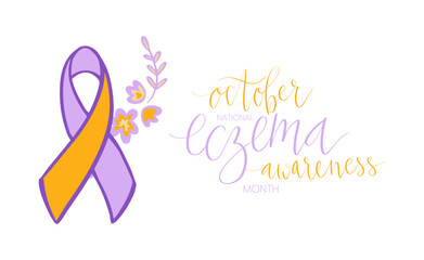 Eczema National Awareness Month October handwritten lettering and purple and orange support ribbon. Web banner vector template