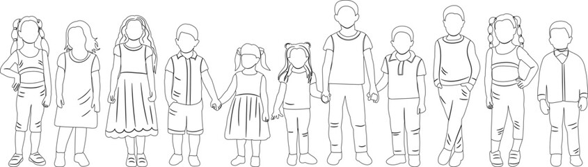 kids holding hands, friendship icons sketch, outline vector, isolated