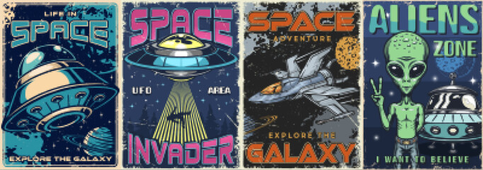 Space set vintage colorful posters