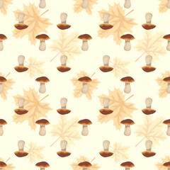 Set of seamless patterns with mushrooms and pale orange maple leaves together and separately on yellow background. Bright autumn print with gifts of nature. Vector flat illustration