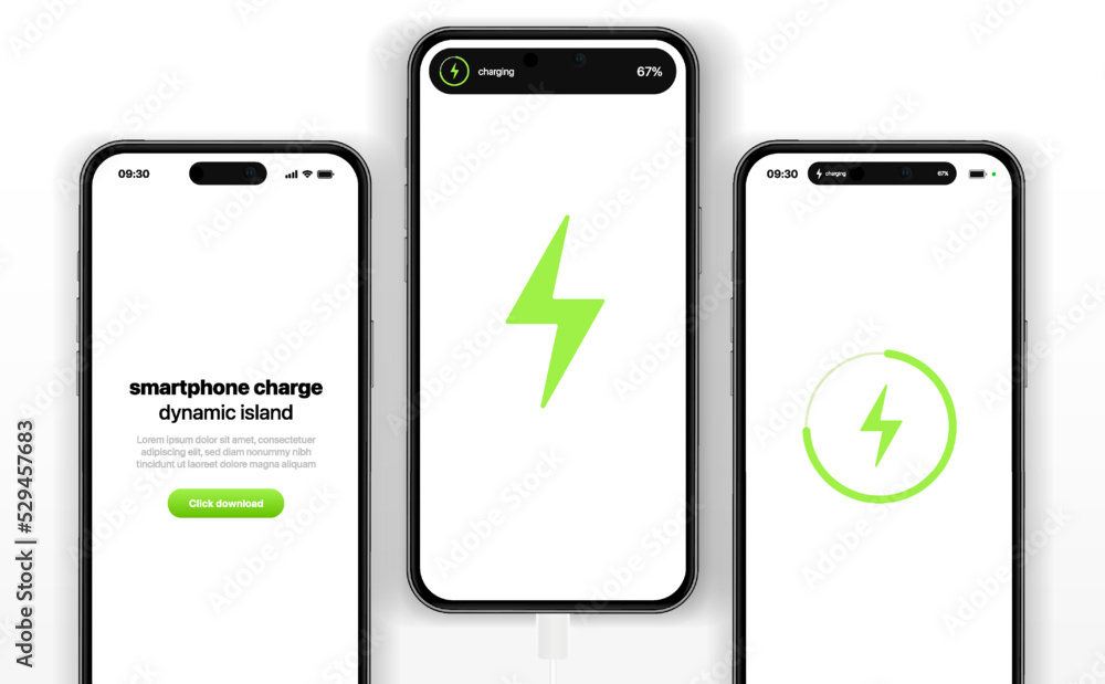 Poster 3d battery charging process template with realistic smartphones and dynamic island. phone charge sho