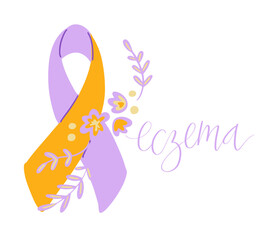 Eczema National Awareness Month October handwritten lettering and purple and orange support ribbon. Web banner vector template