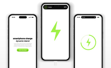 3d battery charging process template with realistic smartphones and dynamic island. Phone charge showing on smartphone screen. Plugged and charging phone. Vector illustration EPS10.