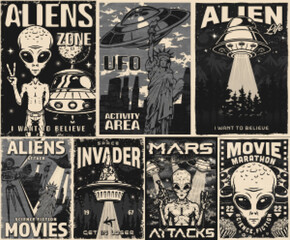 Aliens set vintage flyers monochrome