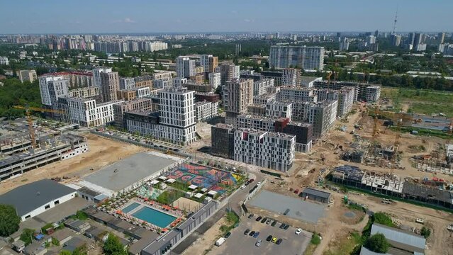 Drone aerial view cityscape modern building Residential complex Nice town. Construction of residential premises. Kyiv capital of Ukraine