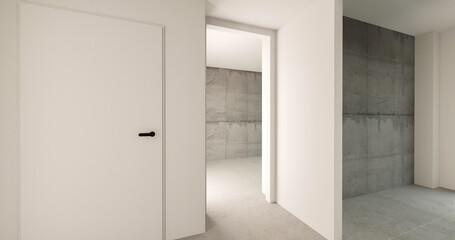 Fototapeta Puste niewykończone mieszkanie, betonowe podłogi i ściany. Aranżacja wnętrza. 3d render obraz