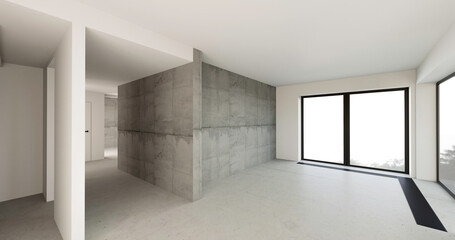 Puste niewykończone mieszkanie, betonowe podłogi i ściany. Aranżacja wnętrza. 3d render - obrazy, fototapety, plakaty