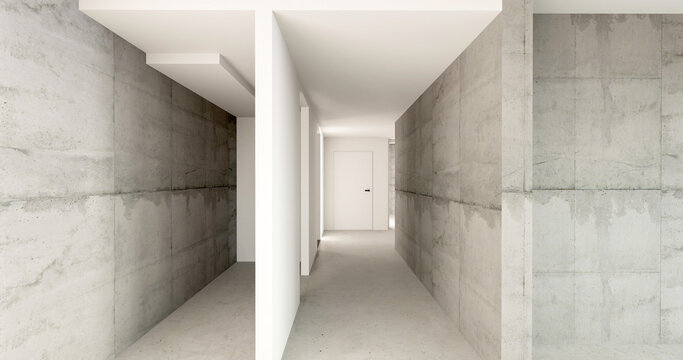 Puste niewykończone mieszkanie, betonowe podłogi i ściany. Aranżacja wnętrza. 3d render