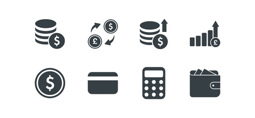 Finance icon set, money icon, coins, inflation icon, economy icons, wallet icon.