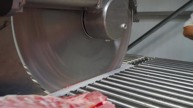 A saw at a meat factory cuts the carcass of a pig and puts it on the conveyor