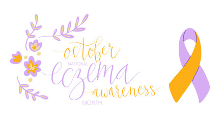 Eczema National Awareness Month October handwritten lettering and purple and orange support ribbon. Web banner vector template