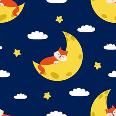Vector seamless pattern with sleepy orange foxes on moon, clouds and stars	