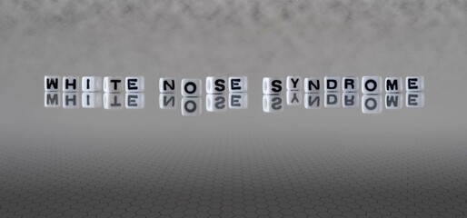 white nose syndrome word or concept represented by black and white letter cubes on a grey horizon background stretching to infinity