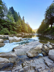 Waterfalls Probiy in Yaremche and mountain view river Prut. Carpathians, Ukraine