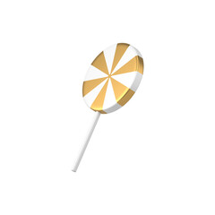 Round gold tilted realistic 3d lollipop. Caramel dessert with white sugar striped layers
