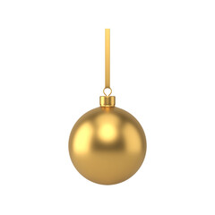 Gold glass ball on ribbon. Traditional christmas sphere with matte surface tied by strip