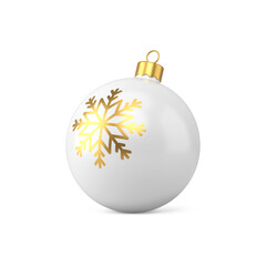 White glass ball with gold 3d snowflake. Magical tree toy with festive tracery