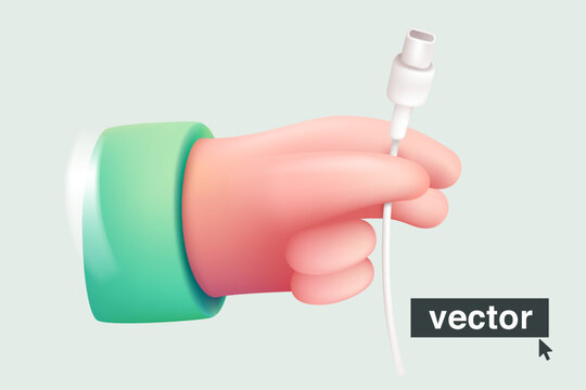 Hand holding charging cable. Realistic 3D design in cartoon style. Vector illustration.