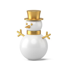 Festive snowman with golden hat 3d side view. Christmas glass white and gold bauble figurine