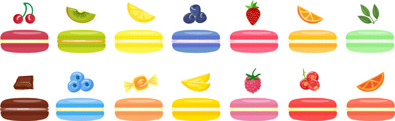 Macarons icons set cartoon vector. Dessert pastry. French gourmet
