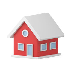 Colorful snow covered 3d house. Red christmas building with white roof and windows