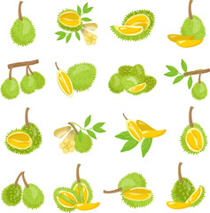 Durian icons set cartoon vector. Musang fruit. Ripe fresh