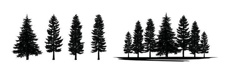 Pine trees forest symbol icon vector set. Silhouette pine trees 