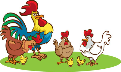 Adult hen and rooster with chickens on a white background. Cute chicken family with their chickens in cartoon style.