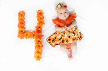 cute causacian 4 month old baby girl in a dress. 4-month-old baby	