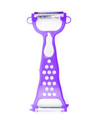 Knife for cleaning vegetables on a light background. Light green kitchen knife. Selective focus. Landscape photo arrangement.