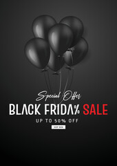 Just now discount banner for black Friday. Sale card for sellers with shiny balloons. Vector illustration.