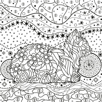 Abstract asian pattern with cat on isolated white. Zentangle. Hand drawn abstract patterns on isolation background. Design for spiritual relaxation for adults. Black and white illustration