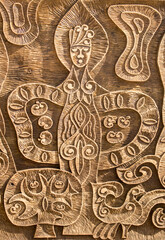 Carved wooden patterns of Asia. National traditional decoration of yurt furniture in ornament vintage weaving patterns, decoration of yurt wooden frame with patterns as ethnicity. Yurt doors.