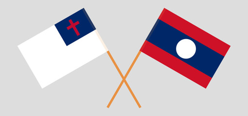 Crossed flags of christianity and Laos. Official colors. Correct proportion