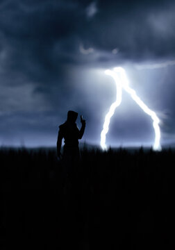 Man in hoodie holding pistol in a rural field during a thunderstorm sky at twilight. 3D render.