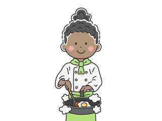 フライパンで調理する、黒人の女性シェフのイラスト