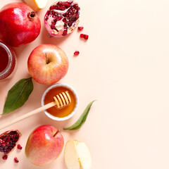 Jewish holiday Rosh Hashanah greeting card with apples, honey and flowers