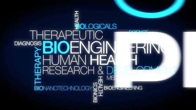 Bioengineering words tag cloud blue text Biological engineering conference pandemics bio science research health biology medical technology  bioinformatics innovation