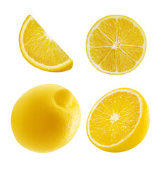 Set of lemon different pieces on transparent background. Whole fruit, half and a few juicy slices....