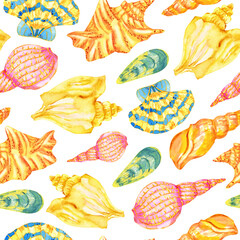 Golden watercolor seashells seamless beach pattern