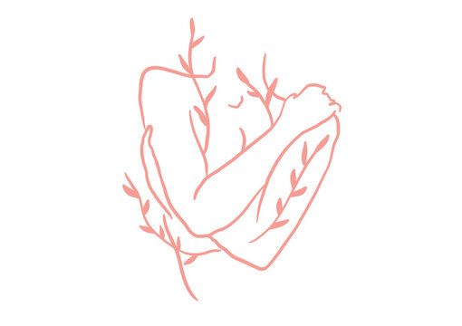 Woman Body And Leaves Line Art