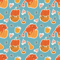 Seamless pattern with funny autumn ornament, cute cats and pumpkins. For designing prints on fabrics, childrens textiles, wallpaper, wrapping paper. Vector graphics on a green background.